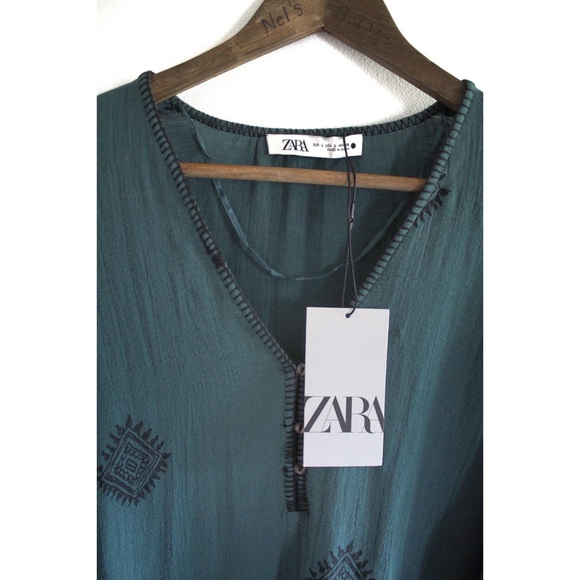 Zara NWT Green Printed Loose Fitting Long Sleeve Dress Large - Picture 8 of 14
